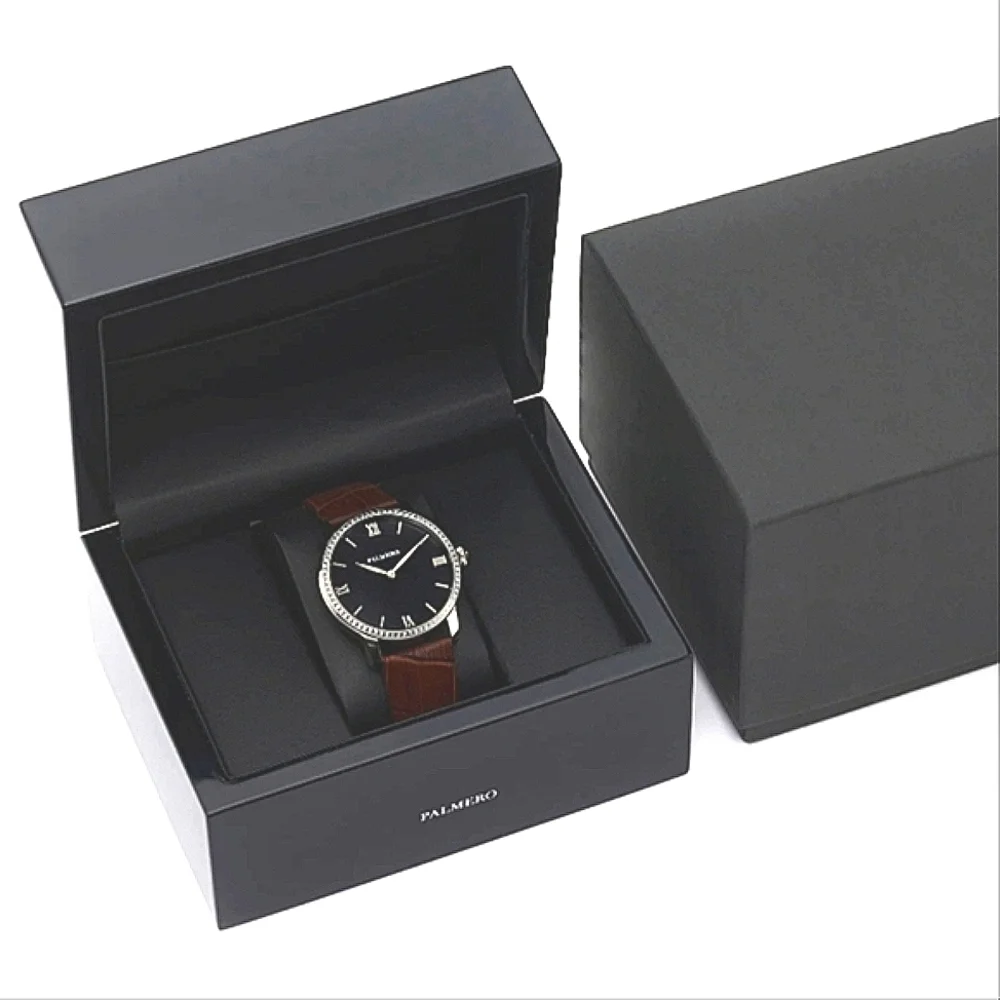 Mens Watch Brown Silvery Leather Moissanite Gemstone Luxury Watch
